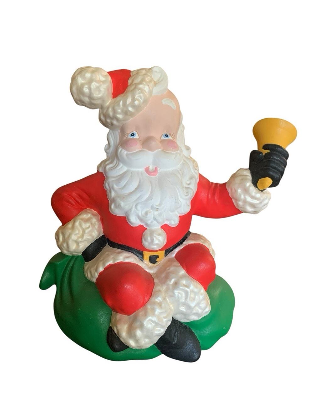 Vtg Hand Painted Ceramic Santa Bell Ringer On Toy Sack 1973